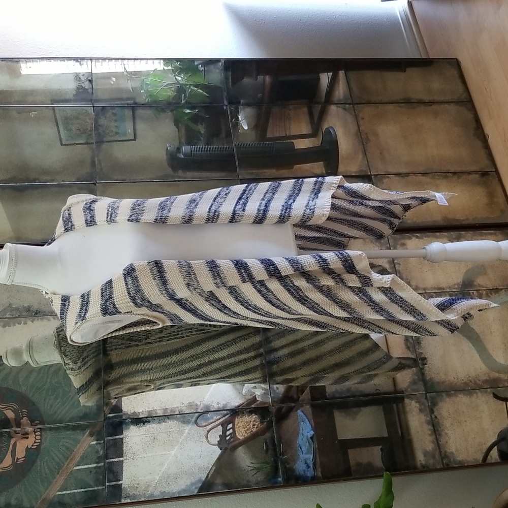 Hi Roomie Knotted Long Striped Vest Cardigan Off White & Blue